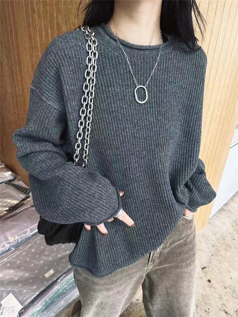 秋冬款慵懒风百搭圆领宽松舒适显瘦休闲内搭套头针织衫,针织衫/毛衣,半城羊绒
