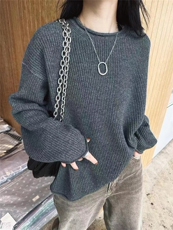 秋冬款慵懒风百搭圆领宽松舒适显瘦休闲内搭套头针织衫，女装针织衫/毛衣，半城羊绒