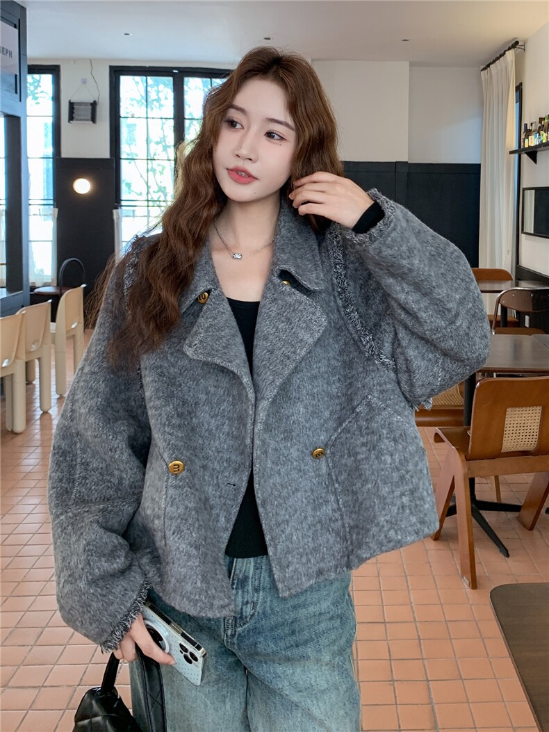 现货主推新款双面羊毛呢流苏双排扣女士精品羊毛外套,女装毛呢外套,SL