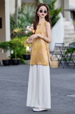 阔腿裤套装女夏新款高级感小个子新G潮时尚盘扣印花上衣两件套，女装套装/套裙，意芙