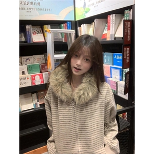 连帽卫衣开衫女秋季穿搭撞色条纹毛领外套WY721-P89图片
