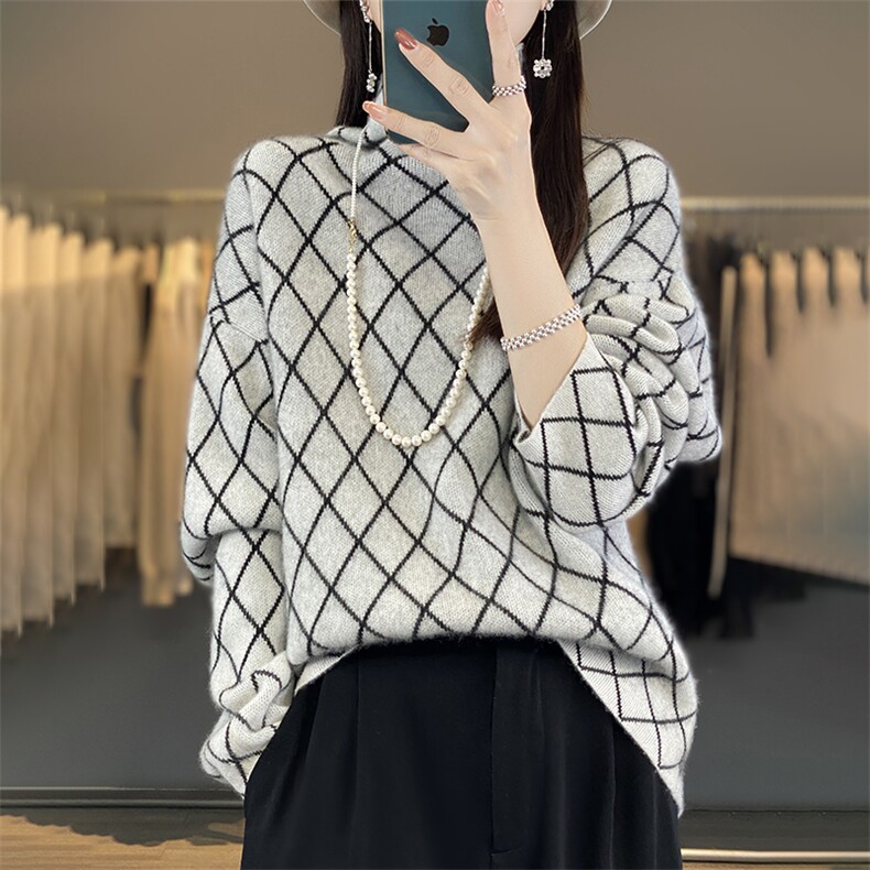 2024年秋冬季新款通勤时尚百搭套头高领菱形格子加厚羊毛衫,女装羊毛衫,丽特绒