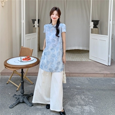 新中式国风气质蕾丝上衣阔腿裤套装女夏2025新款超好看两件套甜美，女装套装/套裙，2C135