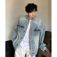 水洗美式休闲破洞牛仔做旧翻领夹克男女宽松牛仔外套JK8643，男装工装外套，星座1116A（原606A-3）