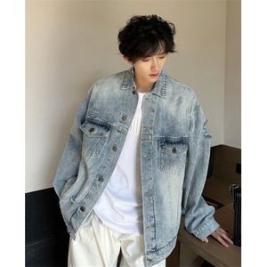 水洗美式休闲破洞牛仔做旧翻领夹克男女宽松牛仔外套 JK8643图片
