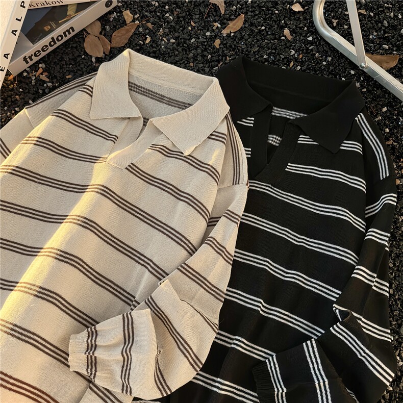 港风秋冬款男女毛衣polo领条纹拼接针织衫宽松外套M0023P40,男装针织衫/毛衣,星座1013-1