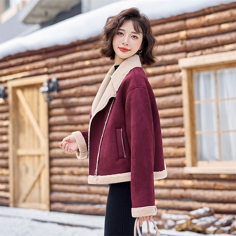 冬季加厚保暖皮毛一体外套女2024新款小个子短款羊羔毛机车服棉衣,女装短外套,慕依路