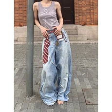 美式复古蓝弯刀破洞松紧腰牛仔裤女秋冬宽松阔腿裤扎染设计感长裤，男装牛仔裤，星座1210-1