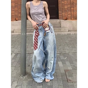 美式复古蓝弯刀破洞松紧腰牛仔裤女秋冬宽松阔腿裤扎染设计感长裤图片