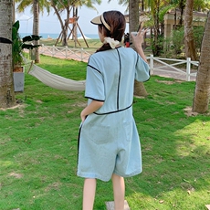 韩版时尚设计感牛仔连体裤女2025夏季新款法式宽松显瘦阔腿短裤子，女装连体裤，秋水欣儿