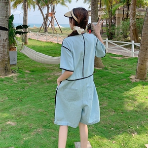韩版时尚设计感牛仔连体裤女2025夏季新款法式宽松显瘦阔腿短裤子