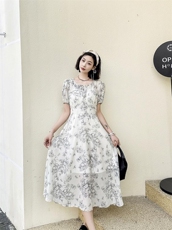 现货新款夏季连衣裙 水墨印花短袖,女装连衣裙,荷塘月色