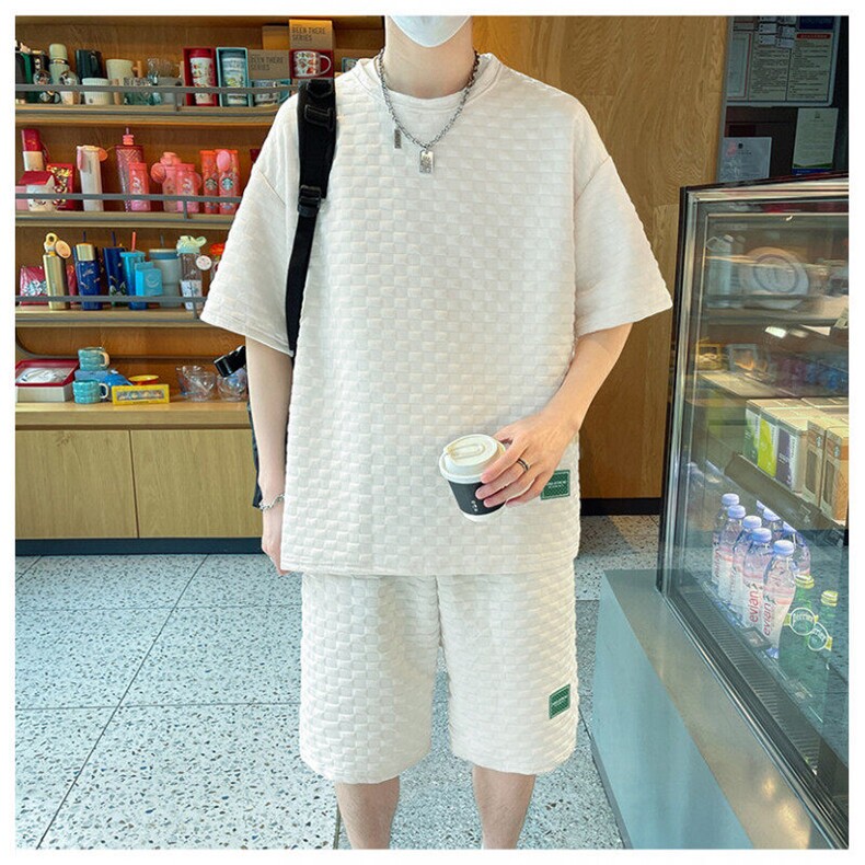 棋盘格子提花冰丝短袖T恤套装男士2025夏季装大码两件套TZ40-P25,男装T恤,星座1816-2（原1210–2）
