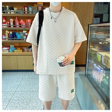 棋盘格子提花冰丝短袖T恤套装男士2025夏季装大码两件套TZ40-P25，男装T恤，星座1816-2（原1210–2）