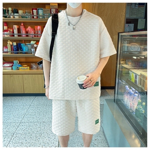 棋盘格子提花冰丝短袖T恤套装男士2025夏季装大码两件套TZ40-P25图片