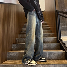 欧美高街直筒微喇牛仔裤男春秋美式街头宽松长裤N0095-P50带吊绳，男装牛仔裤，星座308B-1