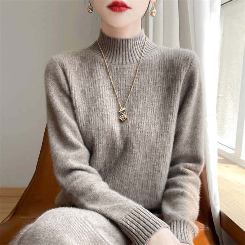 半高领100%纯羊毛衫女扭花套头打底针织衫长袖毛衣宽松羊绒衫上衣，女装羊毛衫，九嘉羊绒