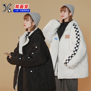 两面穿连帽加绒排扣棉衣男女双面棉服情侣棉袄外套3328-P80控118图片