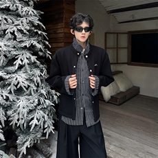 港风秋冬款男女假两件夹克衫条纹格子外套金属字母装饰JK735P66，男装夹克，星座1013-1