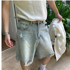 美式潮牌夏季水洗做旧破洞牛仔短裤男复古嘻哈直筒宽松五分裤子，男装牛仔裤，星座506A