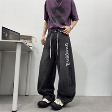 美式复古泼墨水洗灰色阔腿牛仔裤女夏季潮流做旧宽松休闲弯刀裤子，男装牛仔裤，星座506A