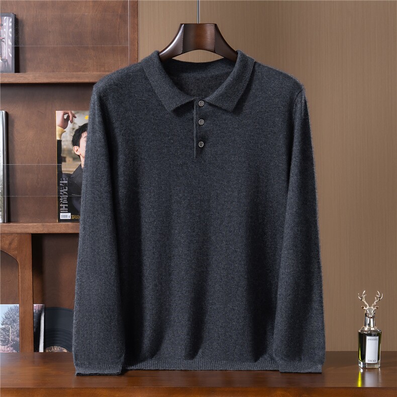秋冬新款男士Polo领系扣山羊绒套衫春秋针织打底衫长袖外穿毛衣,男装羊绒套衫,星纬羊绒