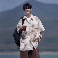 扎染短袖花衬衫男生夏季薄款冰丝大码设计感度假海边沙滩衬衣外套，男装T恤，星座1005-4