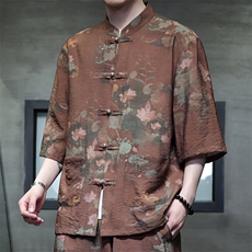 2025夏季新款风男装盘扣新中式唐装书法印花衬衫C106-P50，男装衬衫，电商B277(原6028)