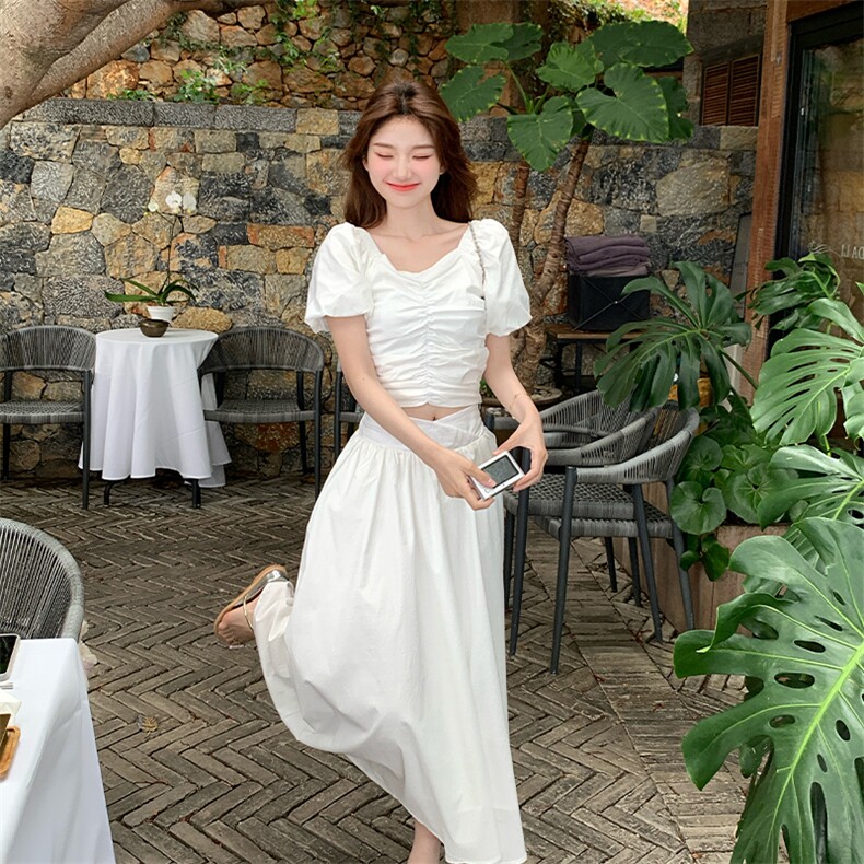 白色时尚甜美压褶设计上衣套装裙女2025夏季新款优雅半身裙两件套,女装套装/套裙,浙宝220