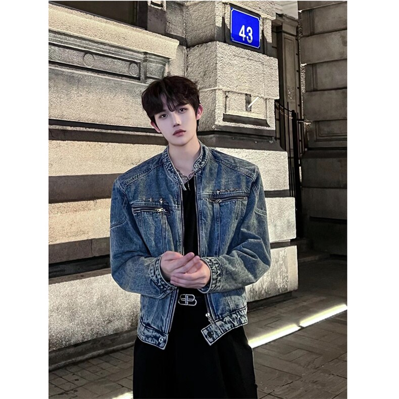 小众美式复古水洗短款牛仔外套男秋设计感垫肩夹克JK112-P90,男装工装外套,星座1109-4