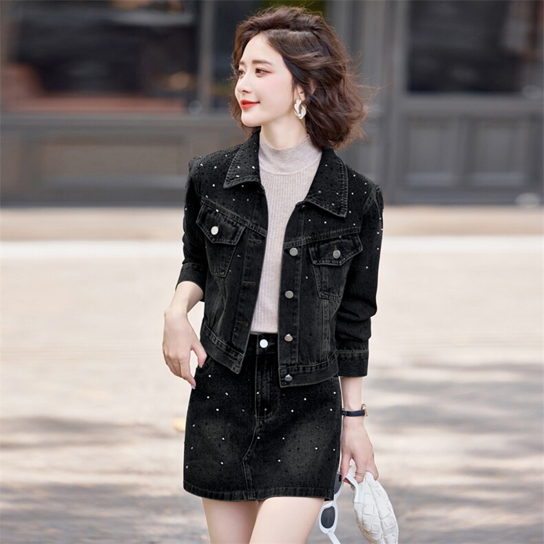 牛仔短裙套装女2025秋季新款小个子高级感欧货减龄烫钻裙裤两件套,女装套装/套裙,浪花E族（衣布洛）