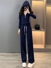 高端时尚套装女秋季新款修身显瘦双头拉链开衫卫衣阔腿长裤两件套，女装套装/套裙，江南