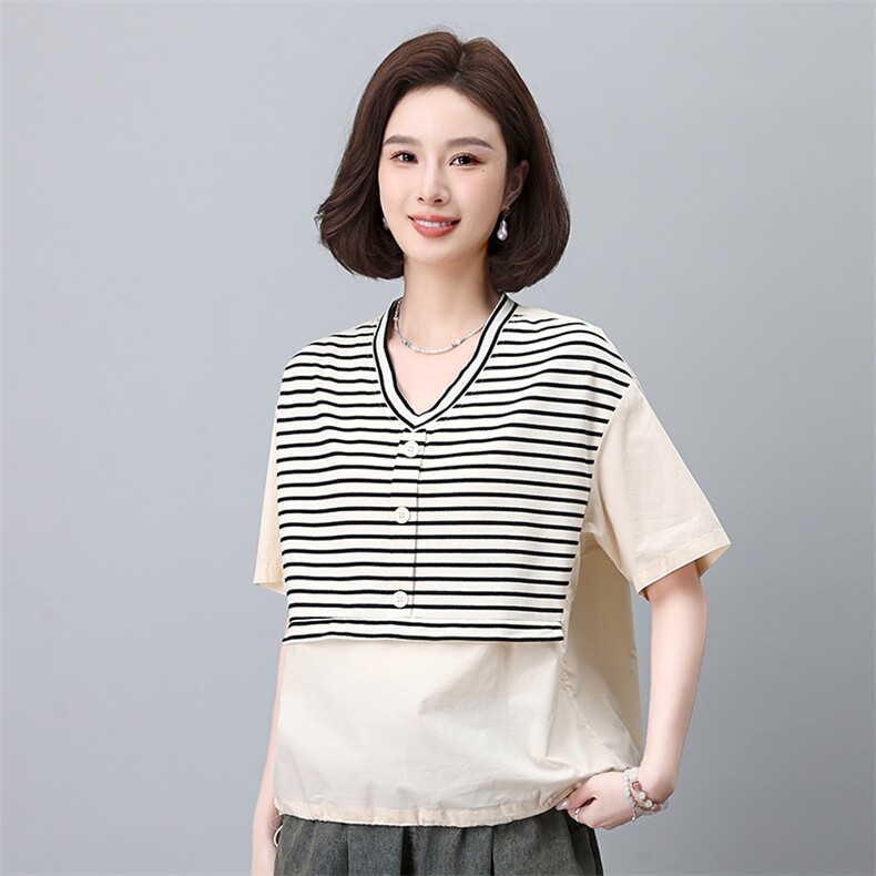 时尚条纹拼接短袖衬衫女宽松显瘦V领上衣夏季新款百搭休闲女装，女装衬衫，叶笙衣