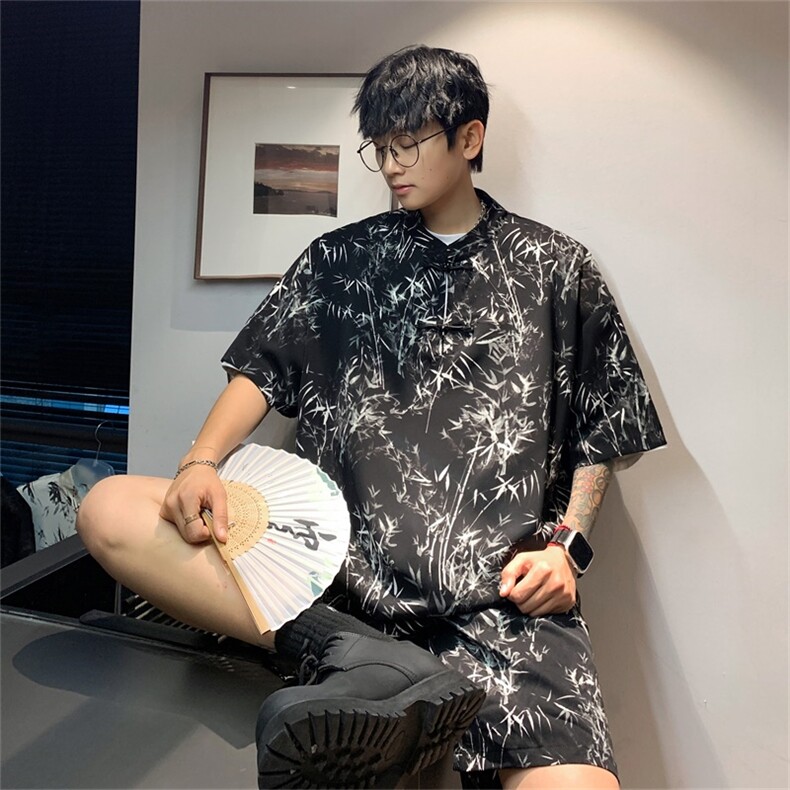 量大优供视频新风竹叶印花冰丝短袖短裤套装男 TZ2403-特P50图片