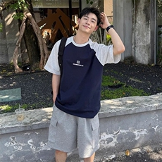 抖音得物高品质二开240克宽松纯棉美式潮牌插肩袖拼接短袖T恤，男装T恤，电商A486-1