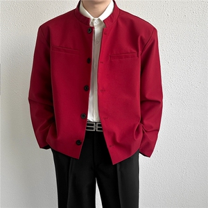 风秋男立领西装单排扣外套本命红新中式中山装西服JAK35 P60图片