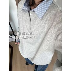 假两件撞色拼接衬衫领卫衣男女秋季长袖翻领宽松情侣款设计感上衣，男装Polo衫，星座506A