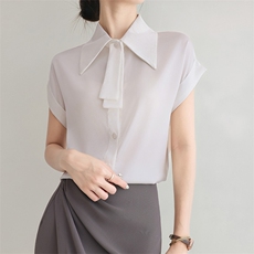 夏季新款简约领结短袖衬衣女宽松百搭显瘦时尚休闲上衣，女装衬衫，朝贺羊绒