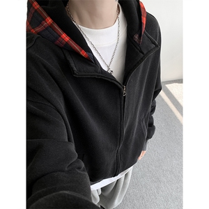 美式做旧假两件连帽卫衣男秋季潮牌拉链拼接格子开衫外套WY20P78图片