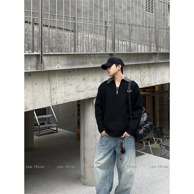 美式假两件秋冬撞色翻领Polo毛衣男复古宽松针织衫,男装针织衫/毛衣,四季星座505