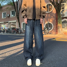 A429-NK7128特批50蓝灰色弯刀结构阔腿牛仔裤棉60聚酯纤维40，男装牛仔裤，电商A429