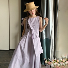 韩系小个子高级感无袖背心裙女夏新款肩带可调节蝴蝶结系带连衣裙，女装连衣裙，纯色衣恋