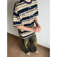 美式复古条纹短袖T恤男女夏季新款宽松休闲扎染上衣WLT800-P33，男装T恤，星座1008