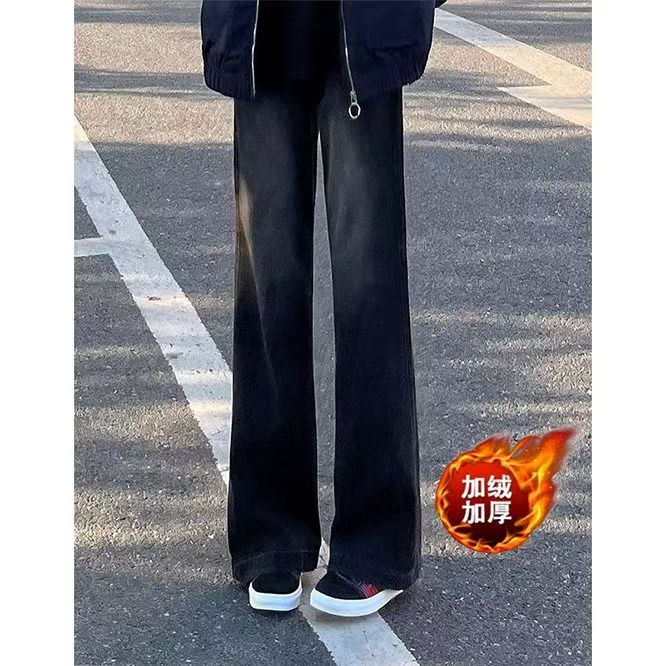 1506-1/K719-11/P46半松紧黑色微喇叭加绒裤潮牌男女同款图片