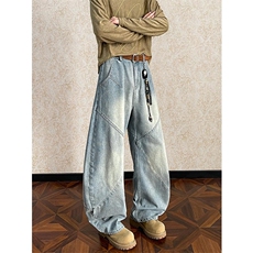 新款潮牌美式拼接水洗弯刀牛仔裤男复古宽松长裤N6458-特P45控88，男装牛仔裤，电商A001