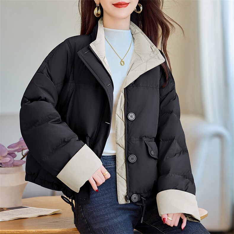 撞色立领短款羽绒服女2024冬季新款小个子休闲超好看白鸭绒面包服,女装羽绒服,余墨