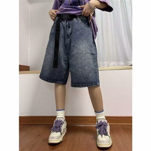 美式高街拉链破洞牛仔裤男复古做旧阔腿五分裤夏季潮牌 ND934图片