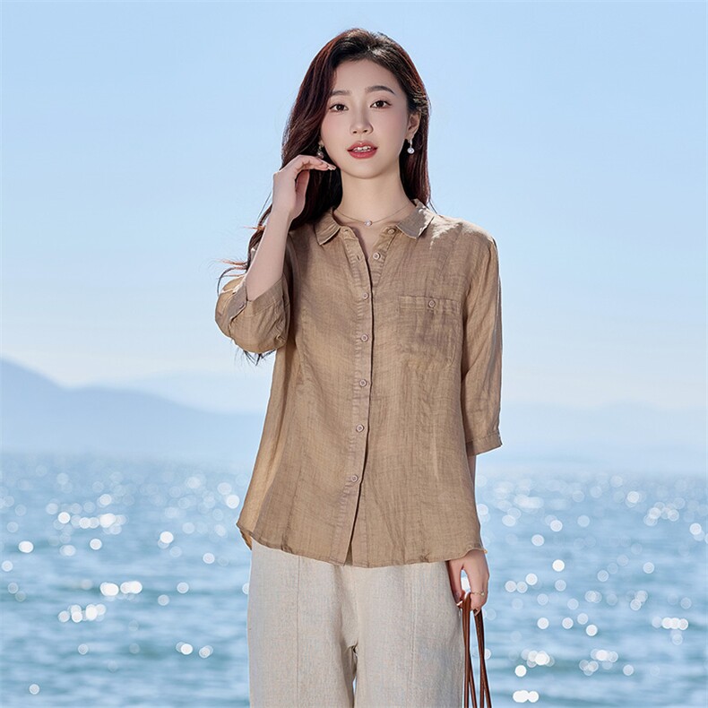 2026年春季文艺风女短袖宽松亲肤透气薄苎麻文艺/优雅，女装衬衫，江南依恋