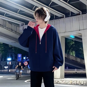 抖音得物二开美式高街重磅结构双层撞色连帽卫衣开衫外套W116图片