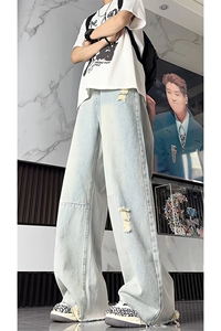 浅蓝色毛边破洞牛仔裤男女夏季显瘦弯刀裤直筒裤NK8652-特价P50图片